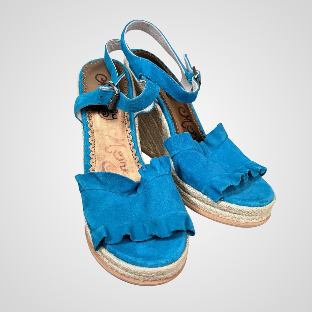 Naughty Monkey Blue Suede Leather‎ Ruffle Espadrille Wedge Sandals Women's 8